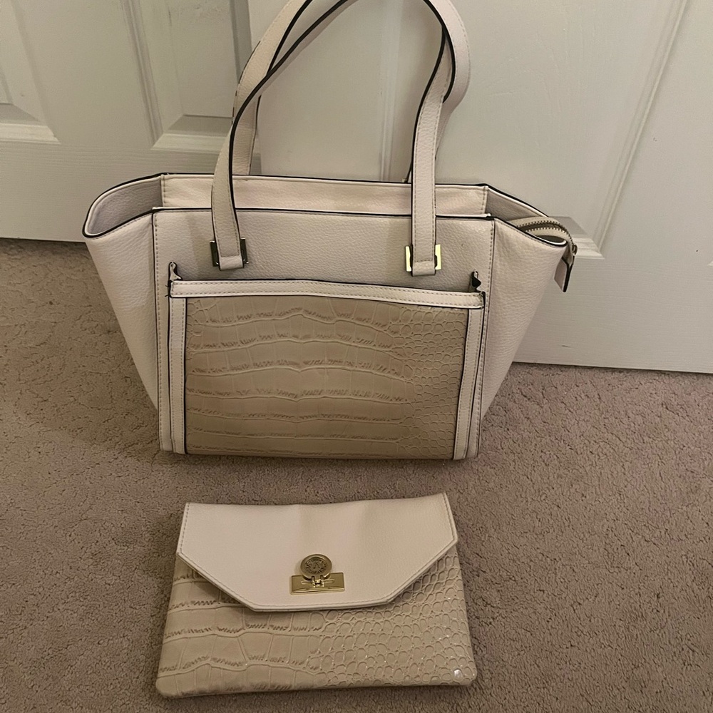 Anne Klein Cream and Tan Shoulder Bag w/ Clutch